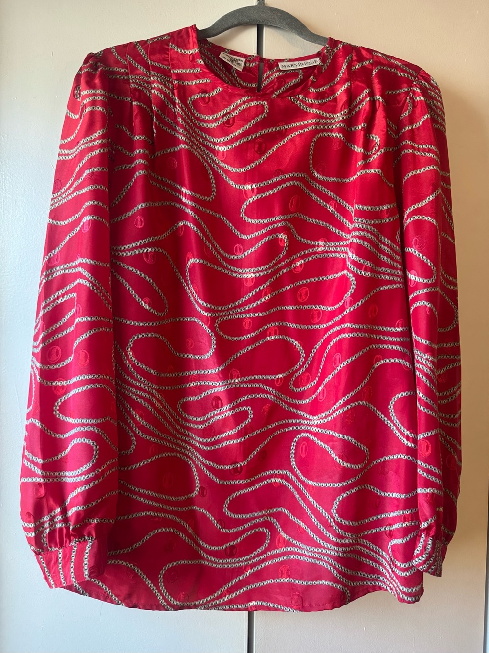 Martinique Vintage Red Chain Print Blouse Satin Feel Pullover Size 14 L